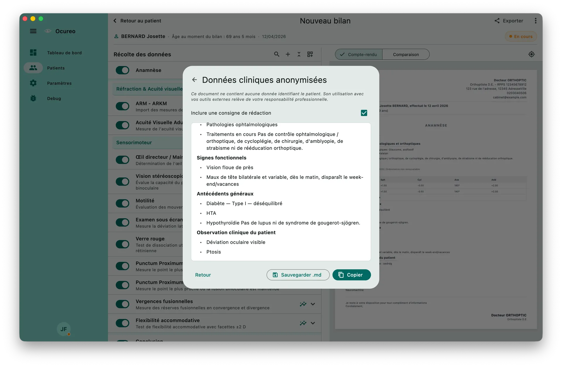 Export anonymisé Ocureo avec données cliniques sans identité patient
