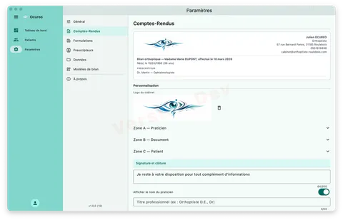 Paramètres — personnalisation de l'en-tête et de la signature
