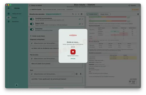 Dictée vocale en cours — waveform et timer dans la conclusion du bilan