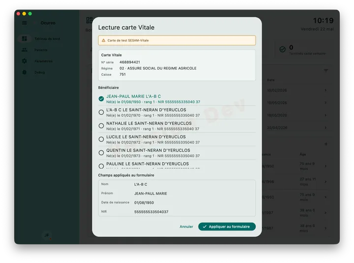 Interface Ocureo de lecture Carte Vitale pour le dossier patient