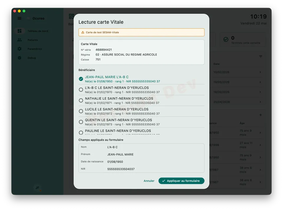 Interface Ocureo de lecture Carte Vitale pour le dossier patient