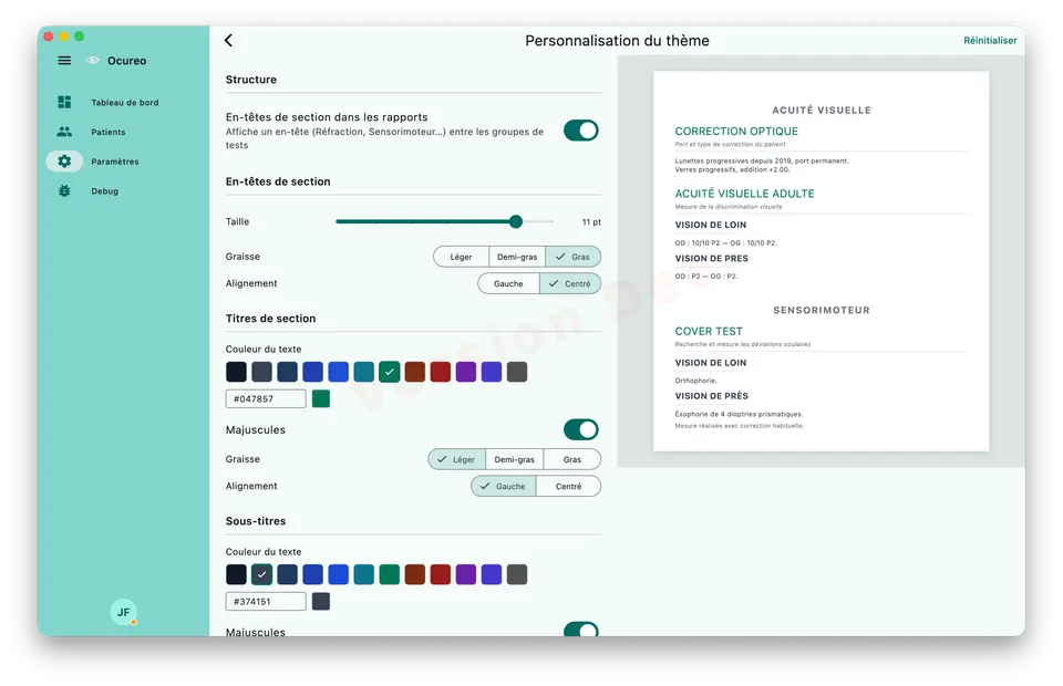 Interface de personnalisation du thème des comptes rendus Ocureo
