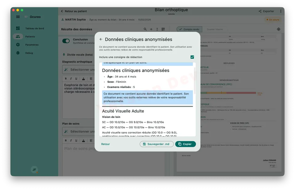 Export anonymisé Ocureo affichant un document clinique structuré