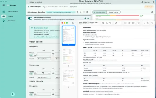 PDF du compte rendu ouvert à côté de l'application Ocureo