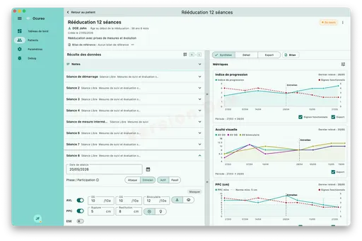 Interface Ocureo de suivi de rééducation avec courbes de progression