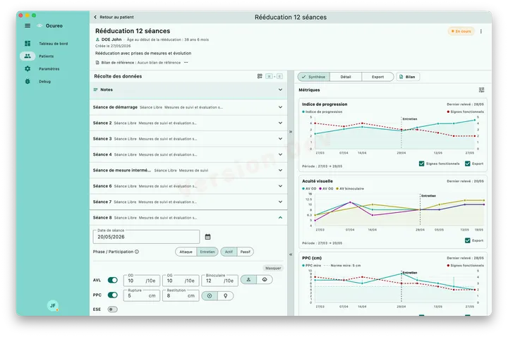 Interface Ocureo montrant un suivi de rééducation avec séances, synthèse et courbes de progression