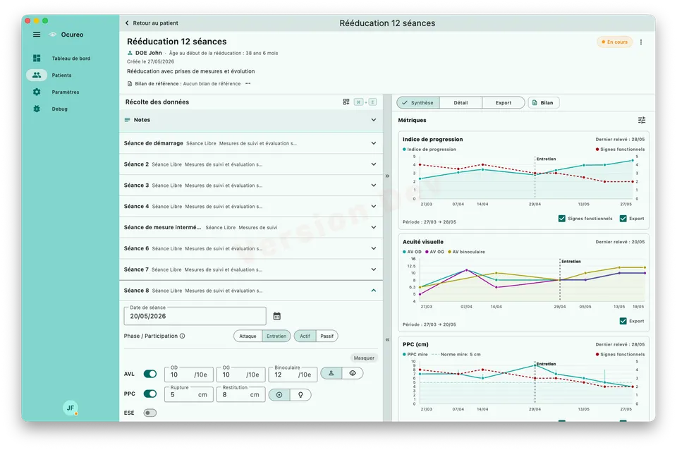 Interface Ocureo montrant un suivi de rééducation avec séances, synthèse et courbes de progression
