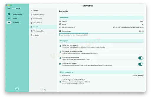 Paramètres — Données : sauvegarde, restauration, espace disque