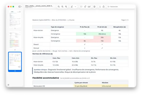 PDF du compte rendu ouvert dans Aperçu — normes, tableaux, synthèse clinique